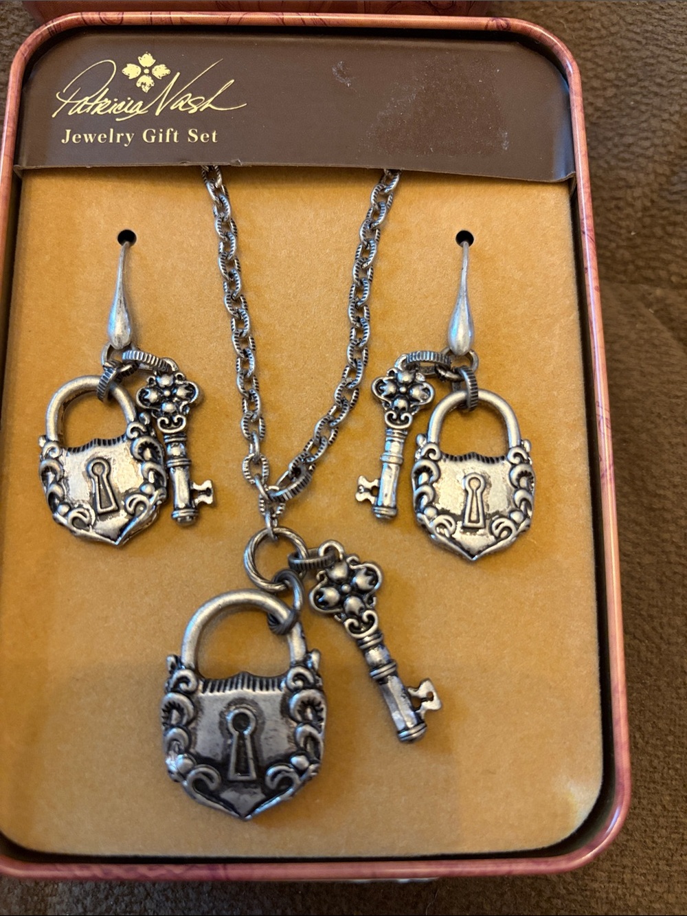 Patricia Nash Silver-Tone Padlock & Key Necklace and Earring Set 30 inch L - Picture 4 of 8